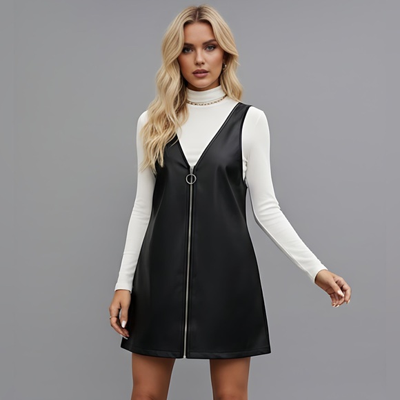 Vegan Leather Zip Up Overall Dress - Picture 3 of 5